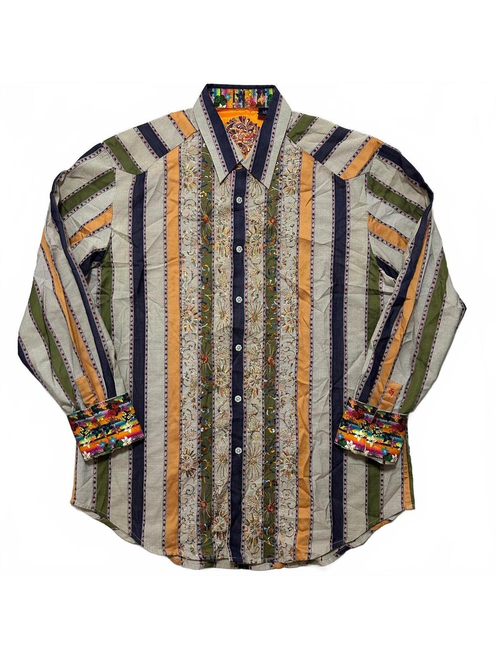 Robert Graham Flip Cuff Striped Embroidered Button Up Shirt Size L Multi Color